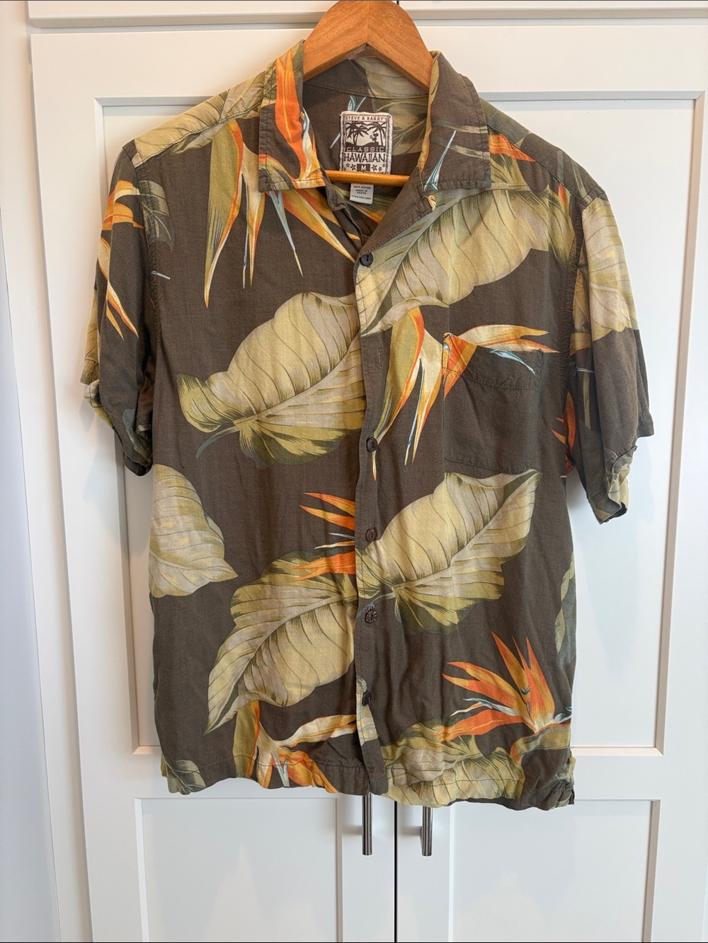 Vintage Hawaiian Shirt - Olive & Orange Leaf Print